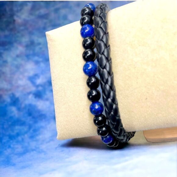 Men’s Double-strand Blue & Black l Beaded Bracelet l Magnetic Closure l New - Picture 3 of 6